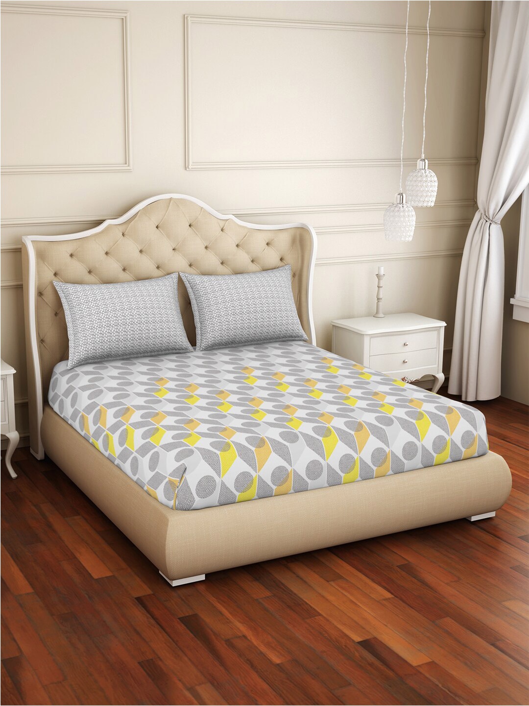 

Welspun Grey & Yellow Geometric 144 TC Fitted Pure Cotton Queen Bedsheet & 2 Pillow Covers
