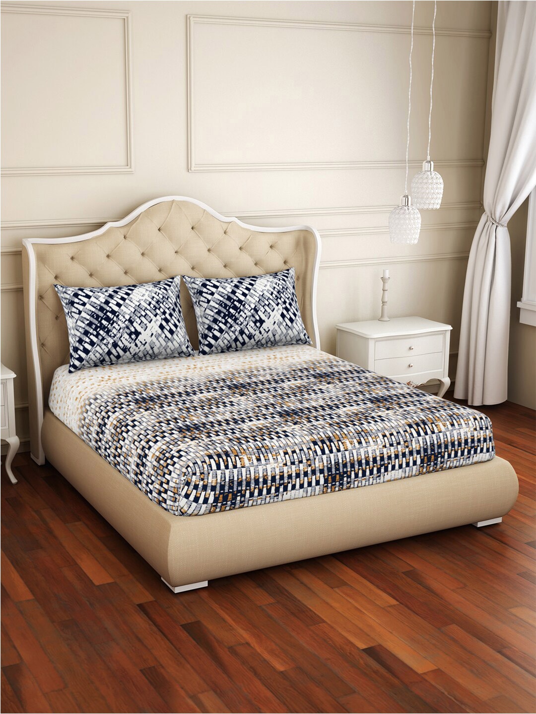 

Welspun Navy Blue & White 144 TC Fitted Cotton Queen Bedsheet with 2 Pillow Covers