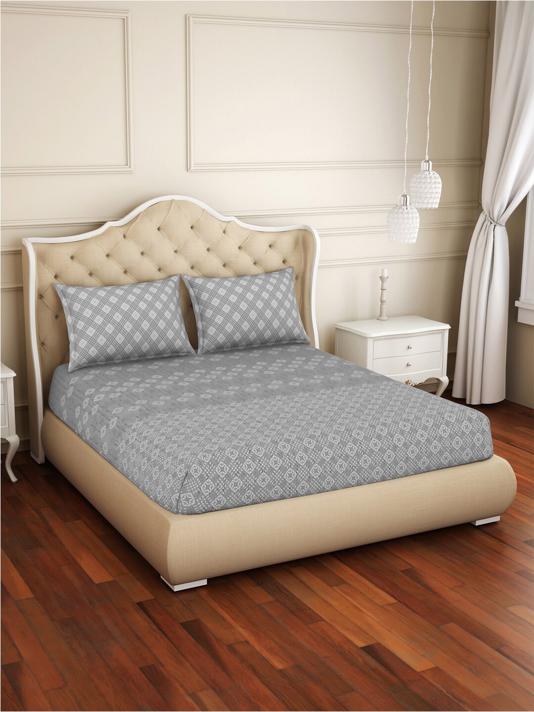 

Welspun Grey & White Geometric 144 TC Fitted Cotton Queen Bedsheet with 2 Pillow Covers