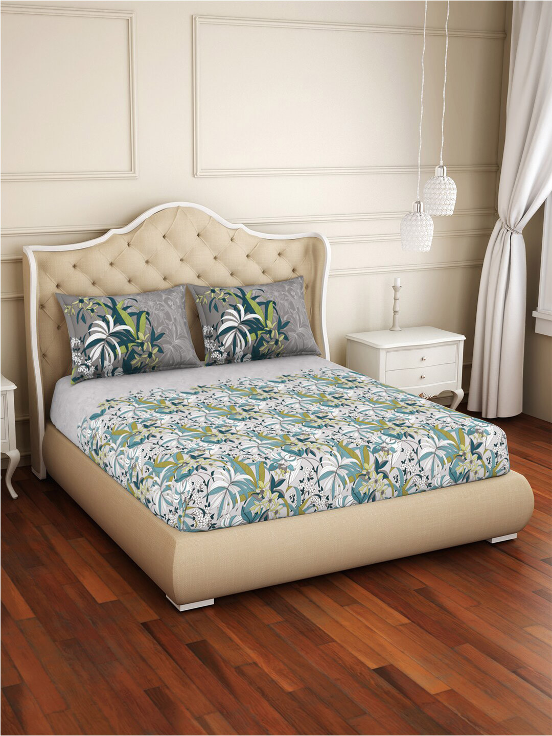 

Welspun Blue & Grey Floral 144 TC Fitted Pure Cotton Queen Bedsheet with 2 Pillow Covers