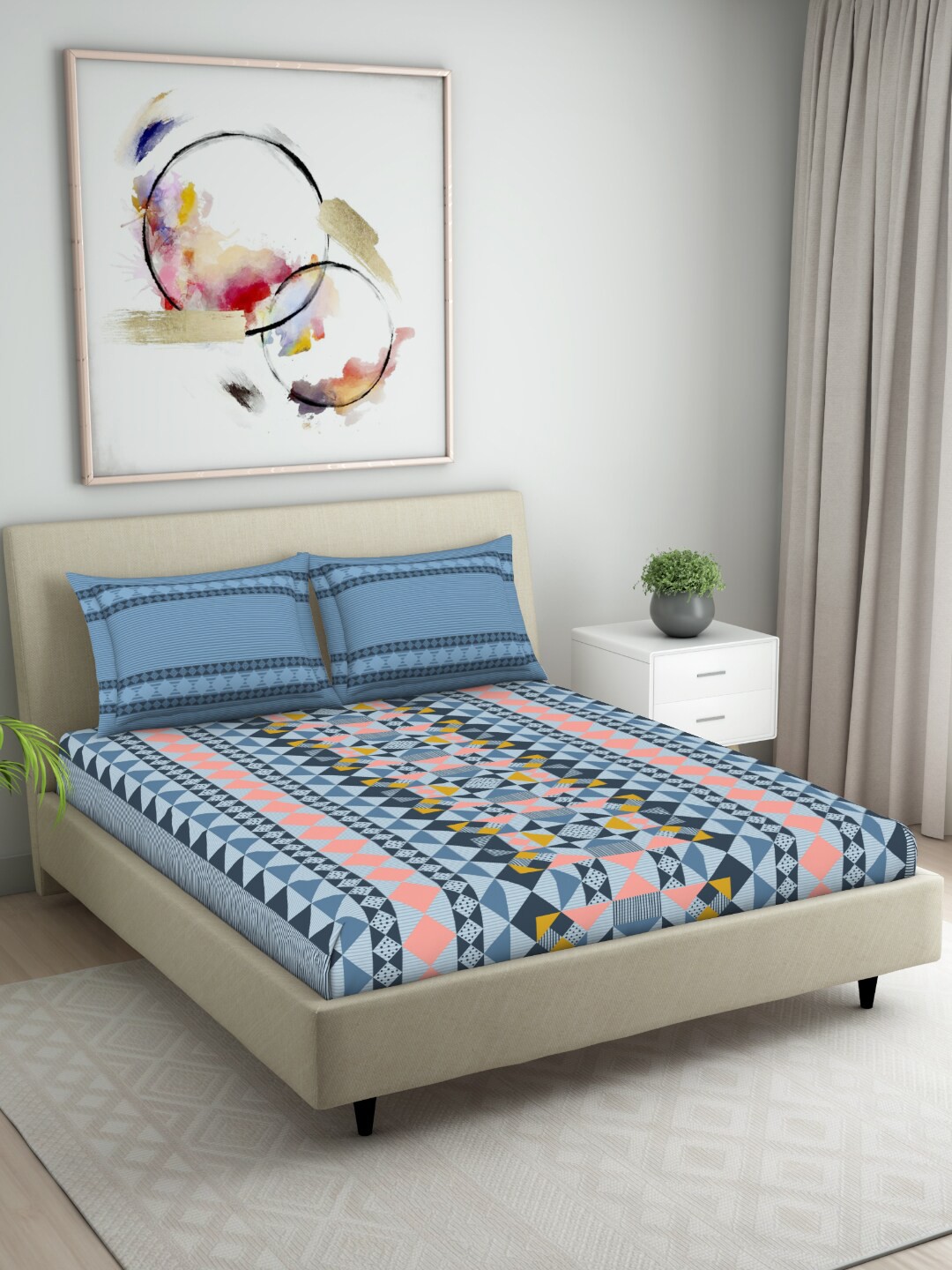 

Welspun Seasons Best Blue & Pink 104 TC Flat Pure Cotton King Bedsheet & 2 Pillow Covers