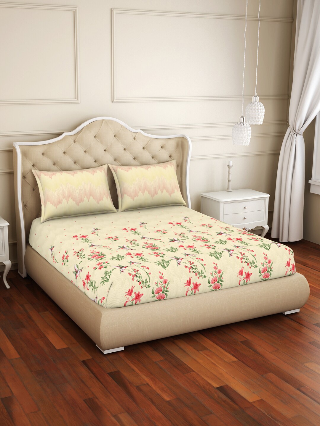 

Welspun Yellow & Red Floral 144 TC Fitted Pure Cotton Queen Bedsheet with 2 Pillow Covers