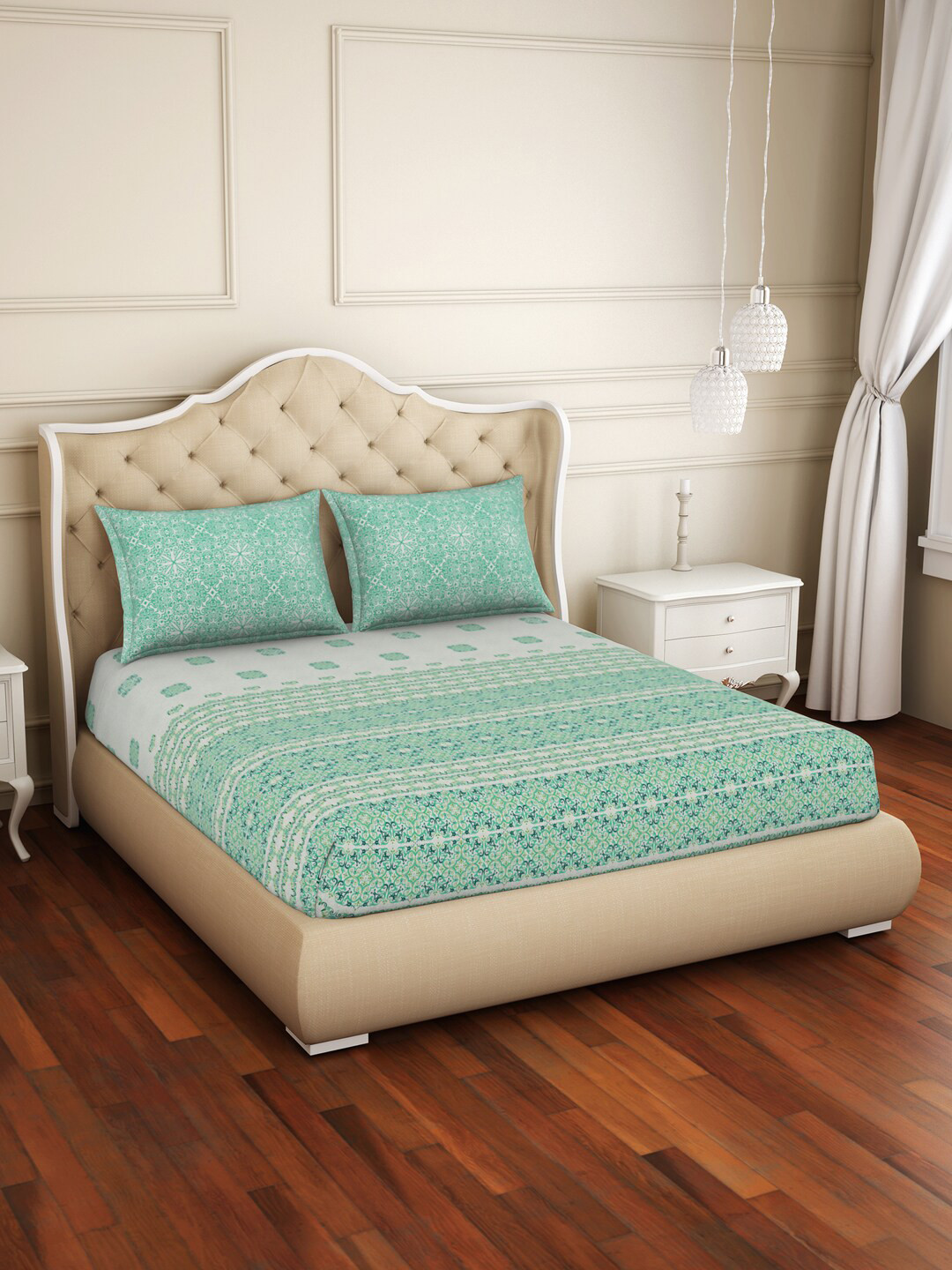 

Welspun Sea Green & Grey 144 TC Fitted Cotton Queen Bedsheet & 2 Pillow Covers