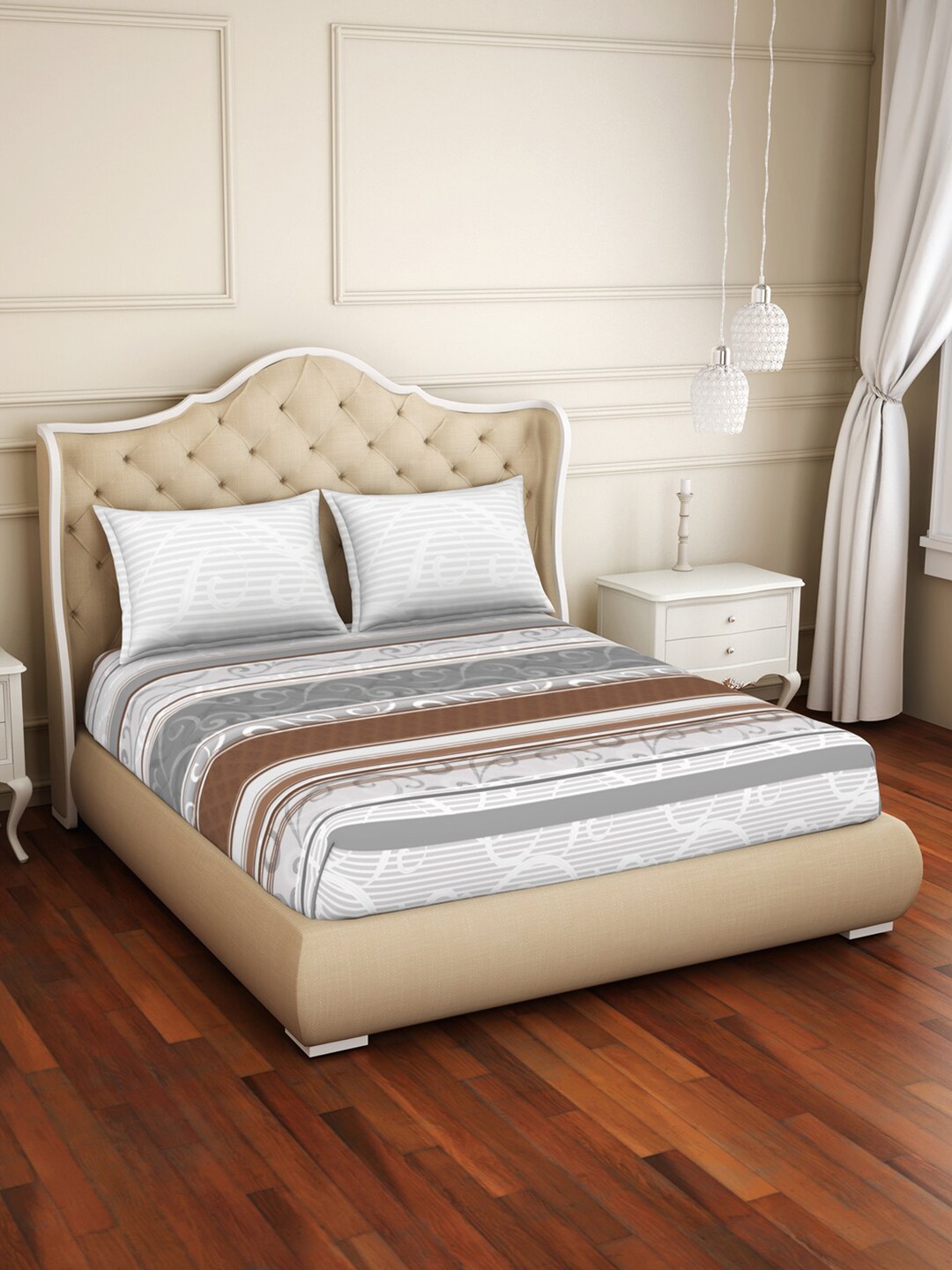 

Welspun Brown & White 144 TC Fitted Cotton Queen Bedsheet & 2 Pillow Covers