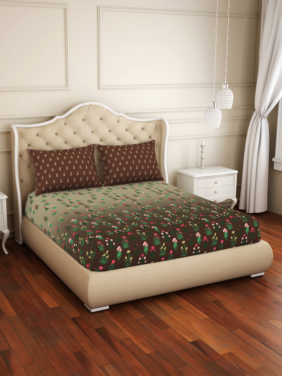 

Welspun Brown & Green Floral 144 TC Fitted Cotton Queen Bedsheet with 2 Pillow Covers