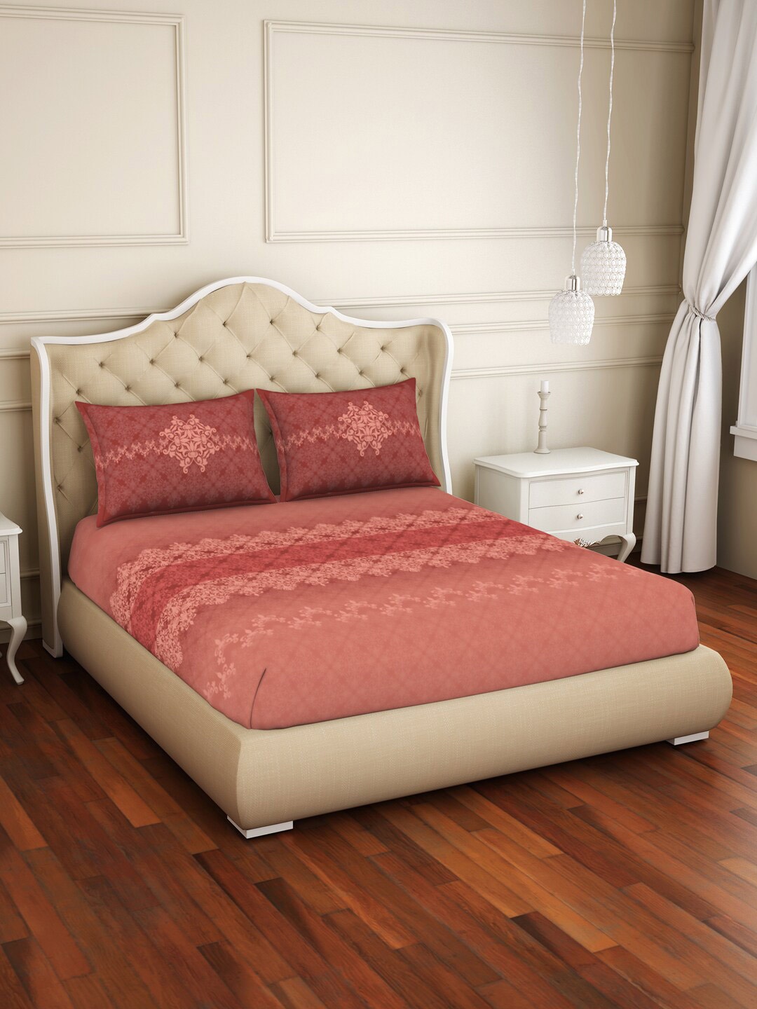 

Welspun Coral & Red Ethnic Motifs 144 TC Fitted Cotton Queen Bedsheet & 2 Pillow Covers