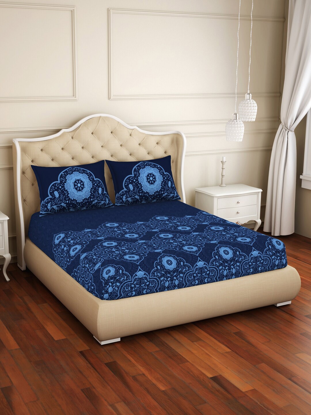 

Welspun Navy Blue Ethnic Motifs 144 TC Fitted Cotton Queen Bedsheet with 2 Pillow Covers