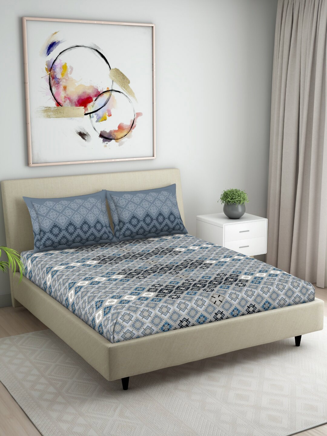 

Welspun Seasons Best Grey & Blue 104 TC Flat Cotton King Bedsheet with 2 Pillow Covers