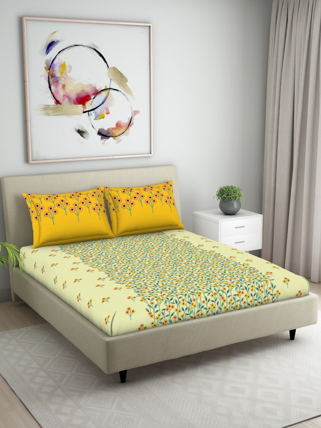 

Welspun Seasons Best Green & Yellow Floral 104TC Cotton King Bedsheet With 2 Pillow Covers