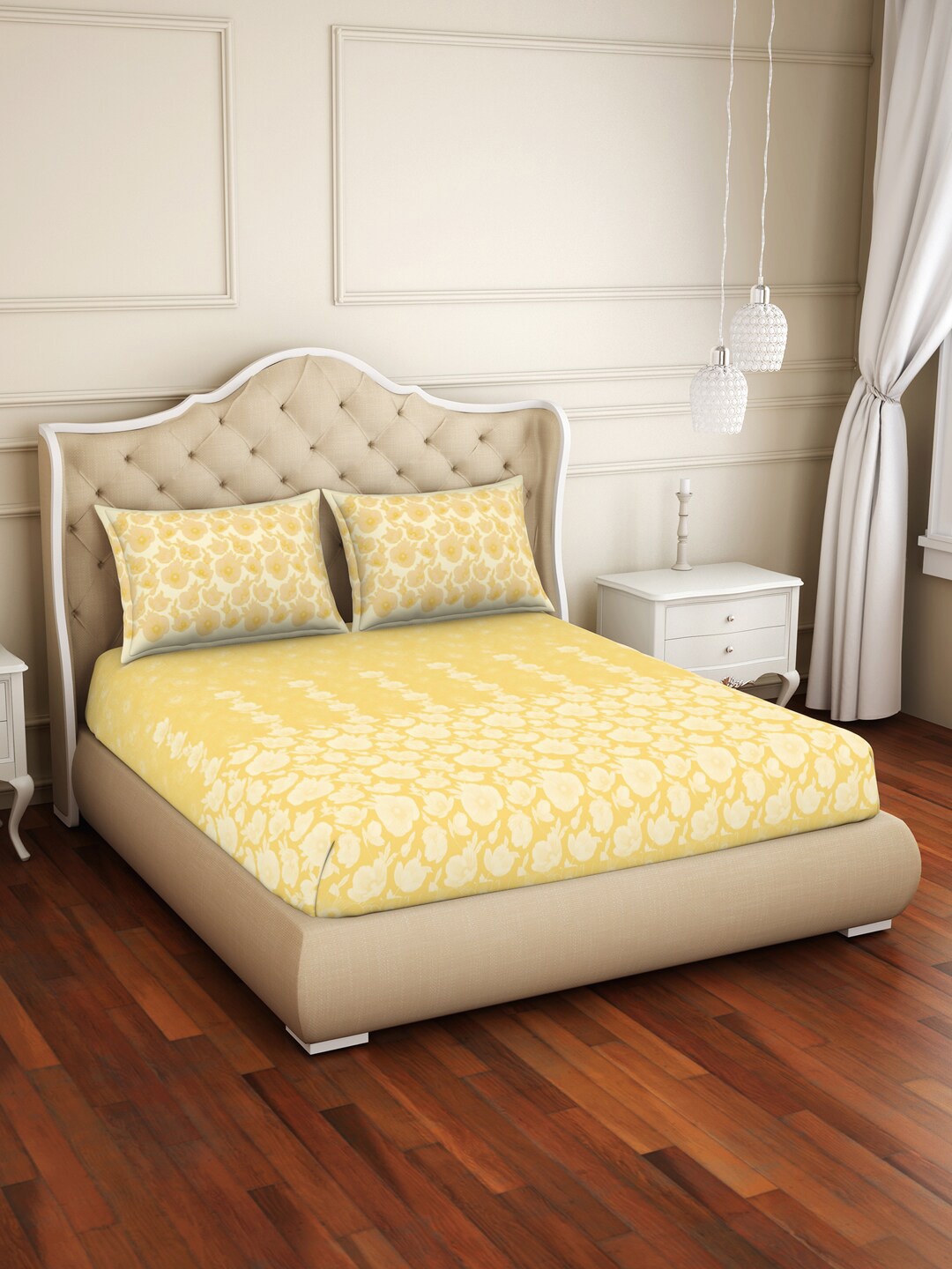 

Welspun Yellow Floral 144 TC Cotton Queen Bedsheet With 2 Pillow Covers