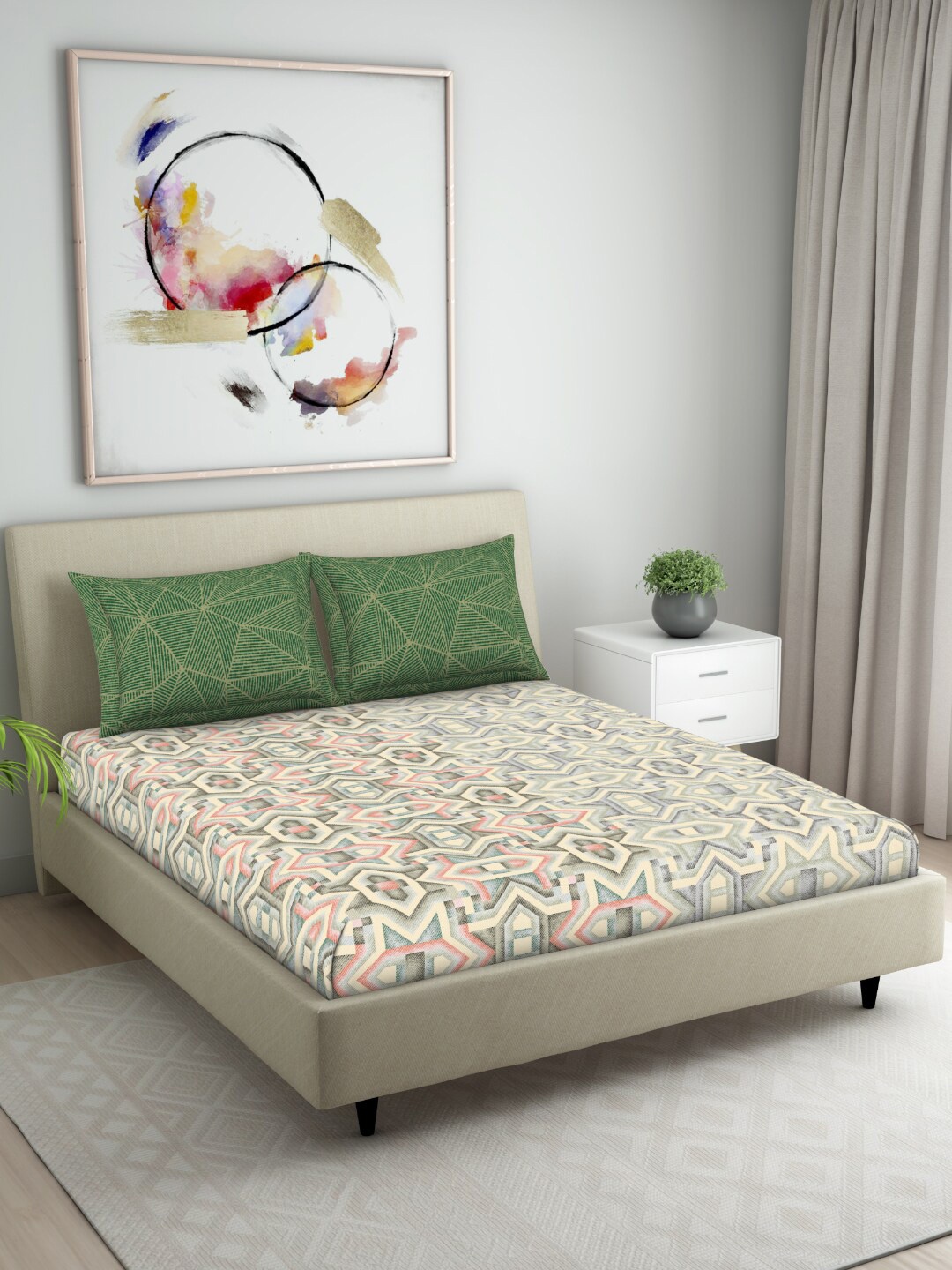 

Welspun Seasons Best Beige & Green 104 TC Flat Pure Cotton King Bedsheet & 2 Pillow Covers