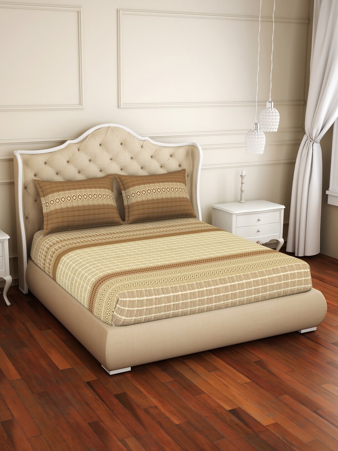 

Welspun Beige & Brown Geometric 144 TC Flat Pure Cotton Queen Bedsheet & 2 Pillow Covers