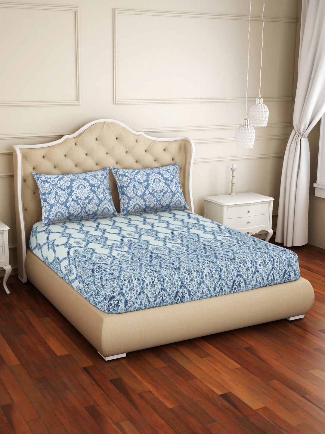 

Welspun Blue & White Ethnic Motifs 144 TC Fitted Cotton King Bedsheet & 2 Pillow Covers