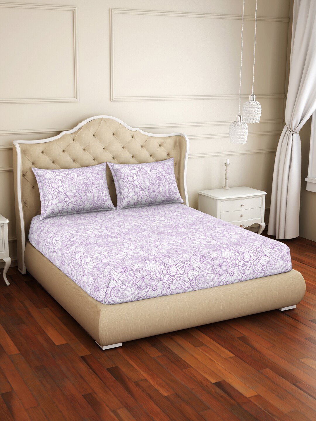 

Welspun 2-In-1 Blue & Lavender Ethnic Motifs 150 TC King Bedsheet & 2 Pillow Covers