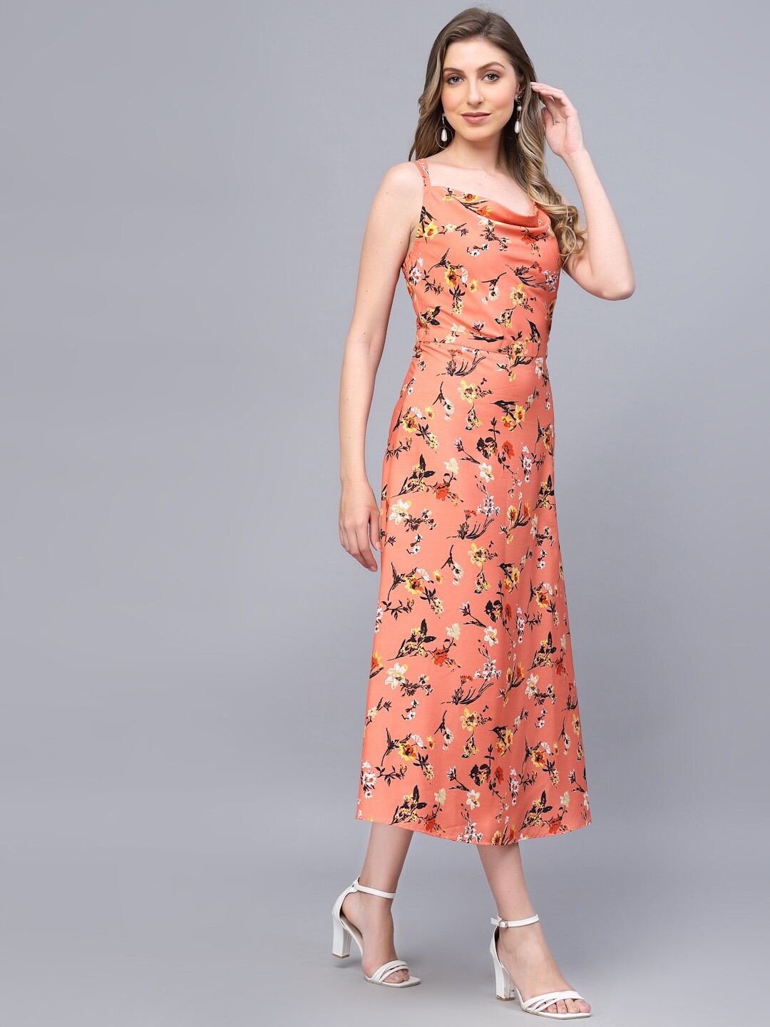 

Selvia Floral Printed Shoulder Straps Crepe Midi Dress, Orange