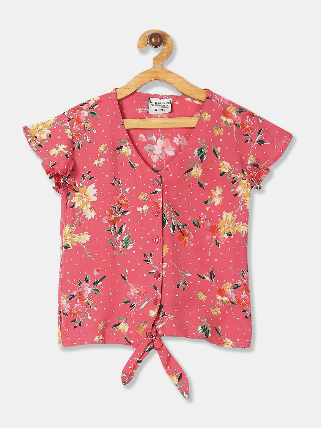 

V-Mart Girls Floral Printed Flutter Sleeves Shirt Style Top, Pink