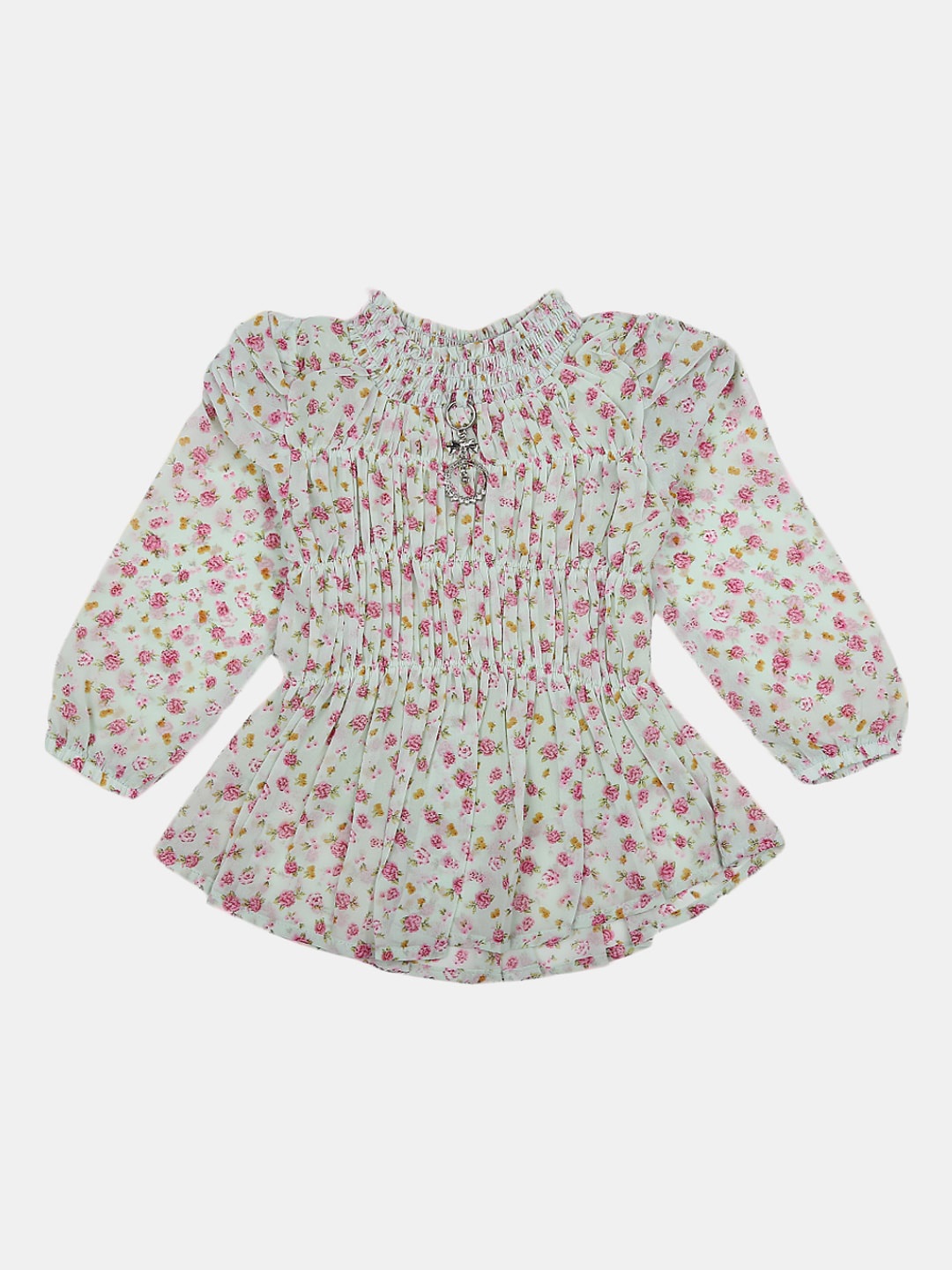 

V-Mart Girls Puff Sleeves Floral Print High Neck Peplum Cotton Top, Green