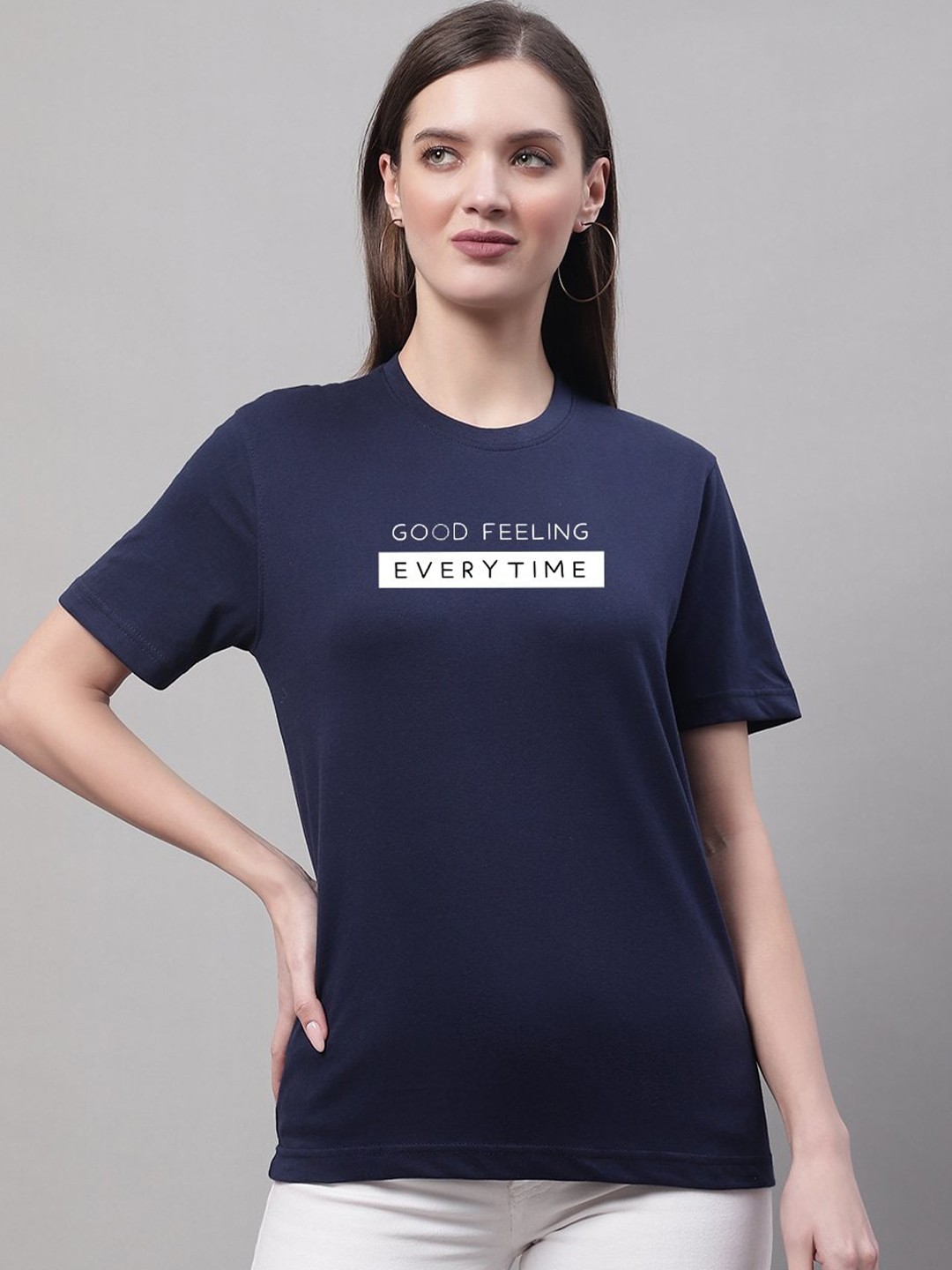 

borse lele Women Navy Blue Typography Printed Running T-shirt