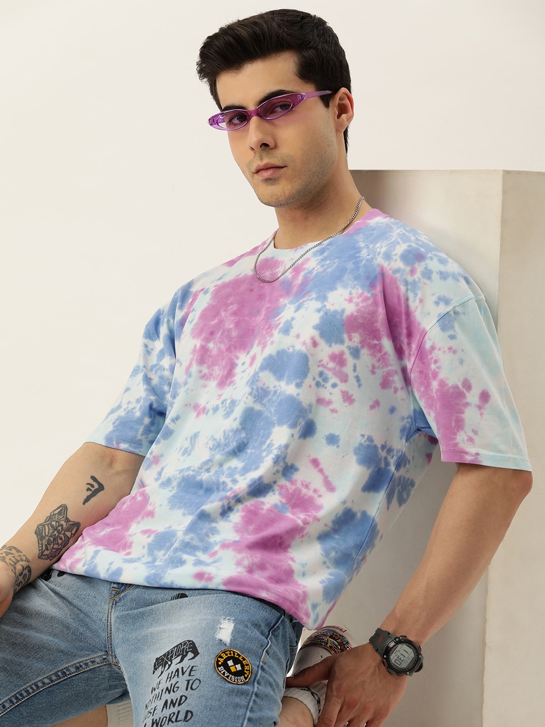

Kook N Keech Tie and Dye Drop-Shoulder Sleeves Loose Pure Cotton T-shirt, White