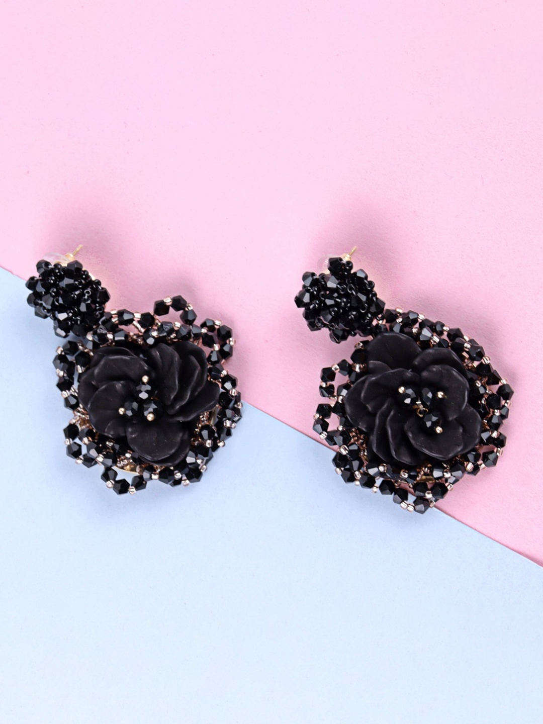 

Krelin Gold Plated Floral Stone Studded Drop Earrings, Black