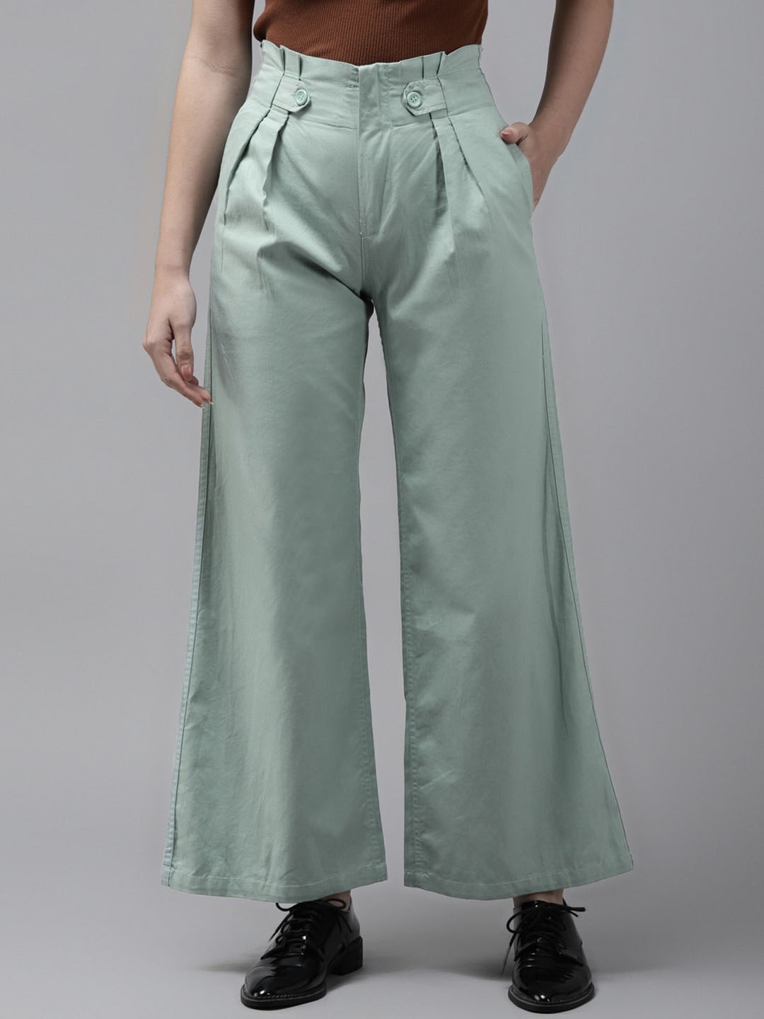 

The Dry State Women Straight Fit High-Rise Bootcut Cotton Trousers, Blue