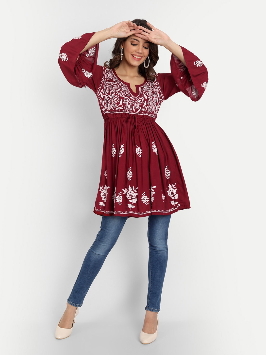 

Indiankala4u Ethnic Motifs Embroidered Empire Modal Top, Maroon