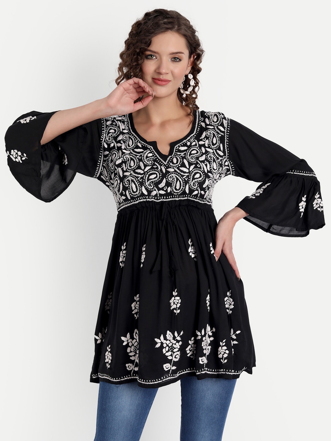 

Indiankala4u Floral Embroidered Chikankari Empire Top, Black