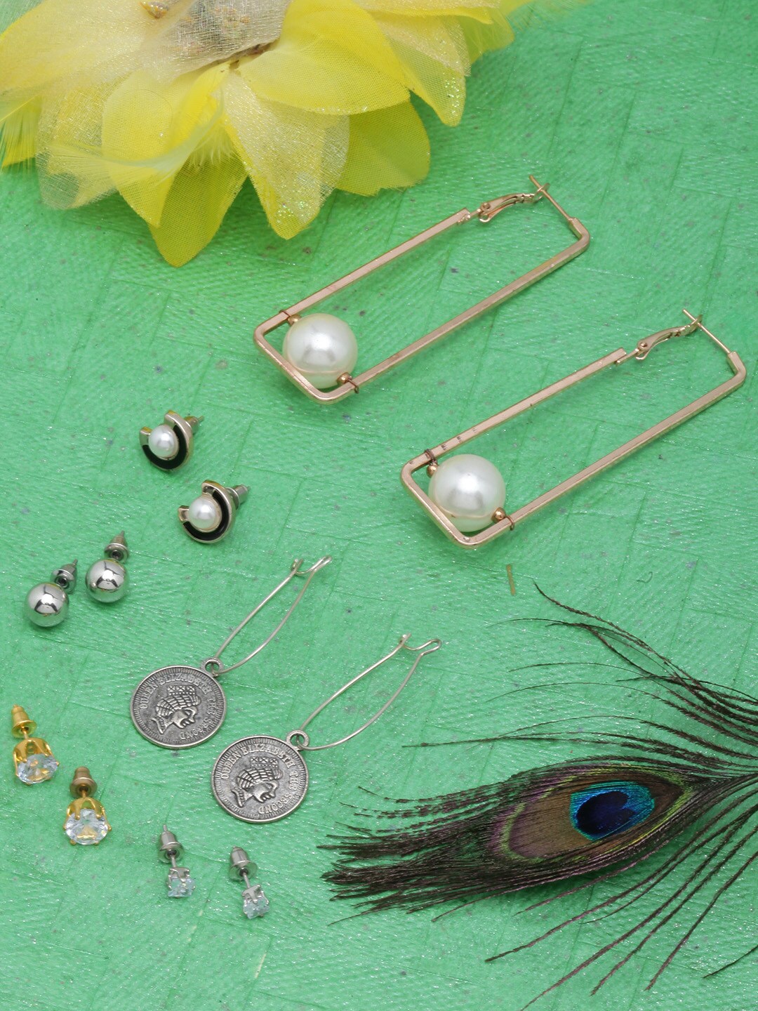 

DIVA WALK Set Of 6 Gold& Silver-Plated Studs & Hoop Earrings, White