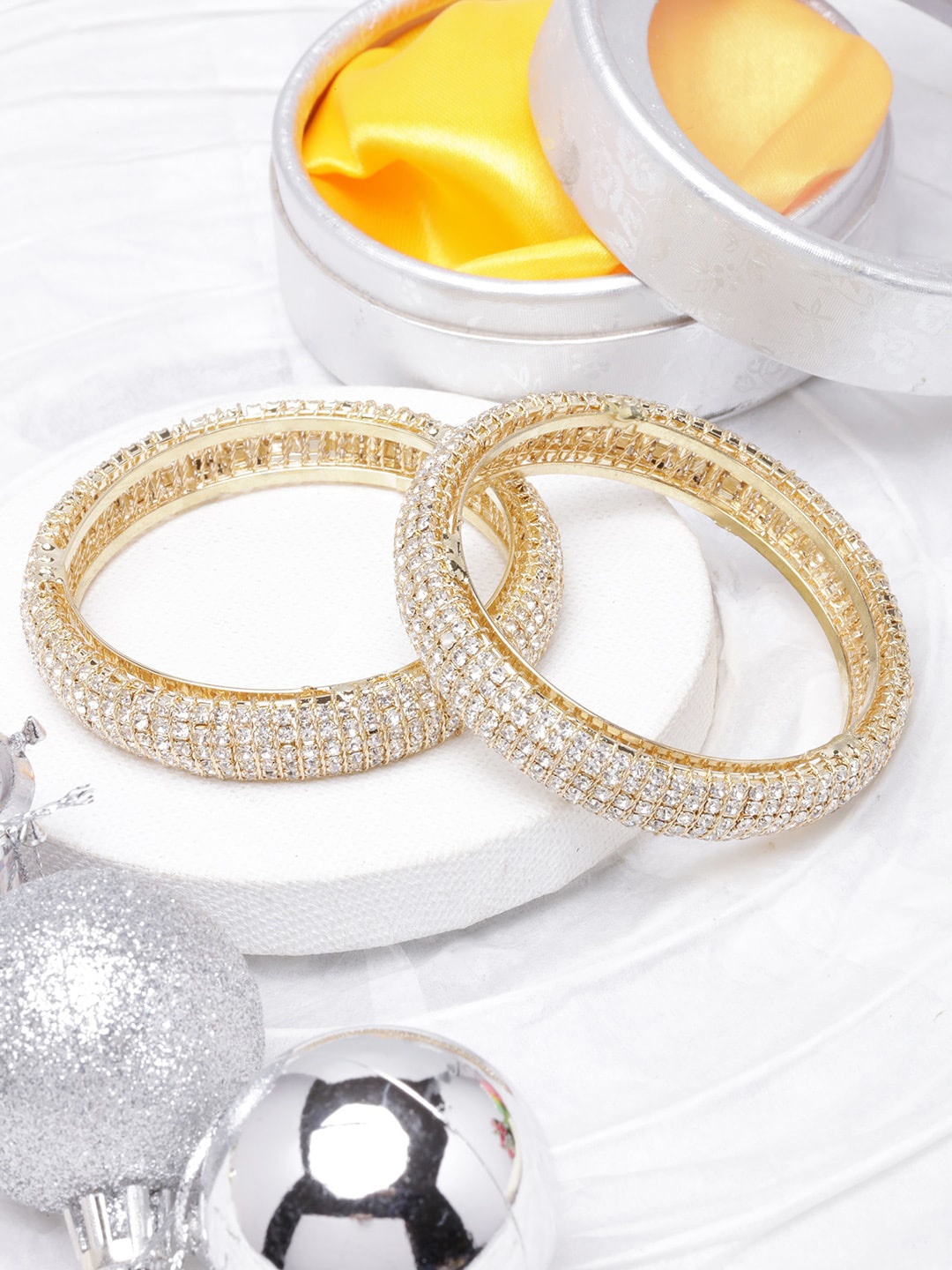 

DIVA WALK Set Of 2 Gold-Plated CZ Studded Bangles, White