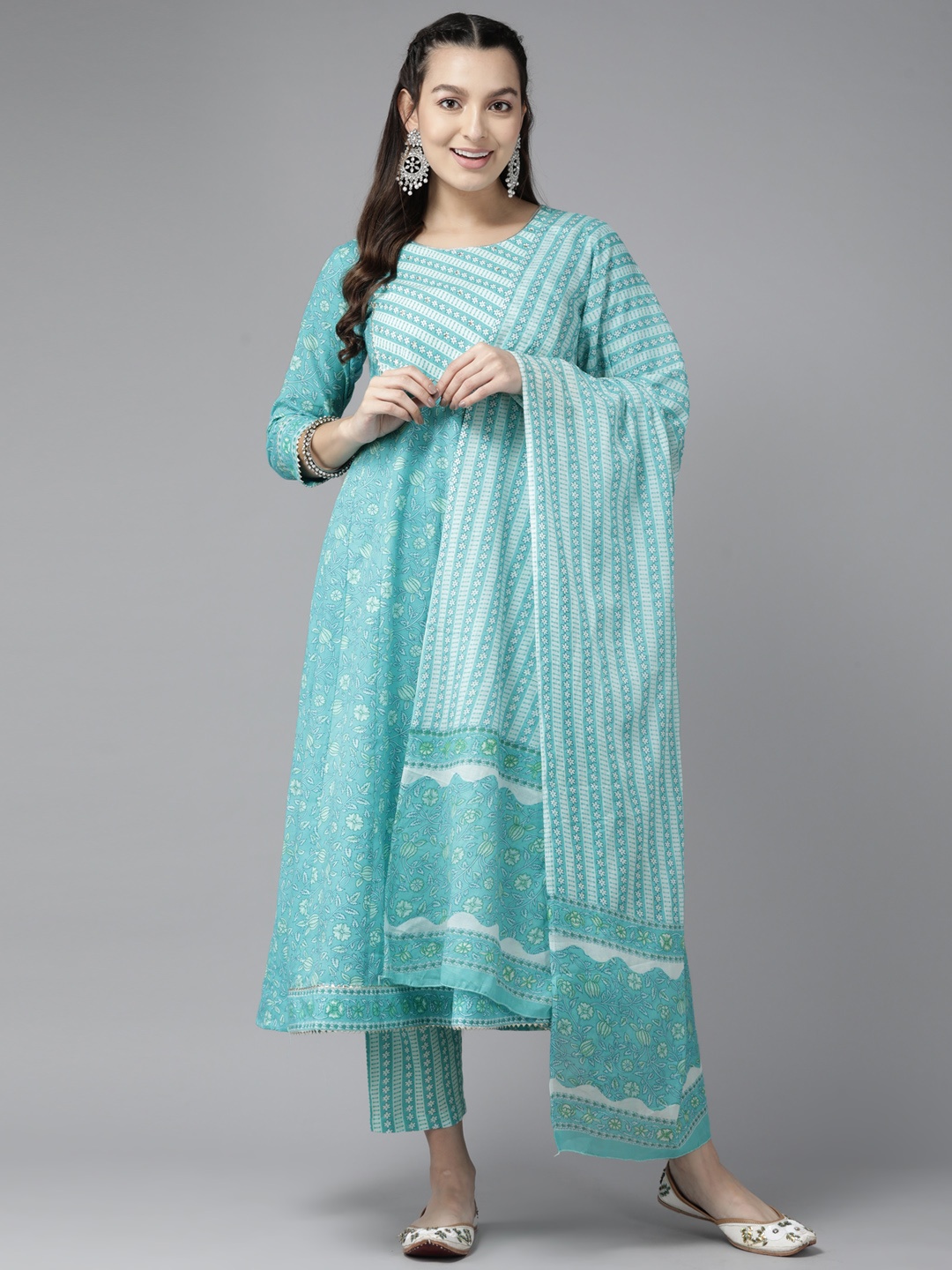 

Yufta Floral Printed Sequinned Pure Cotton Kurta With Trousers & Dupatta, Blue