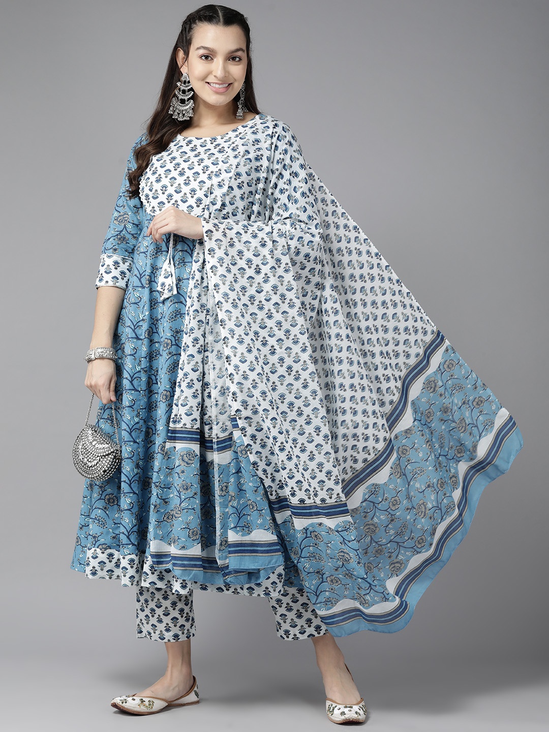 

Yufta Floral Printed Sequinned Pure Cotton Kurta With Trousers & Dupatta, Blue