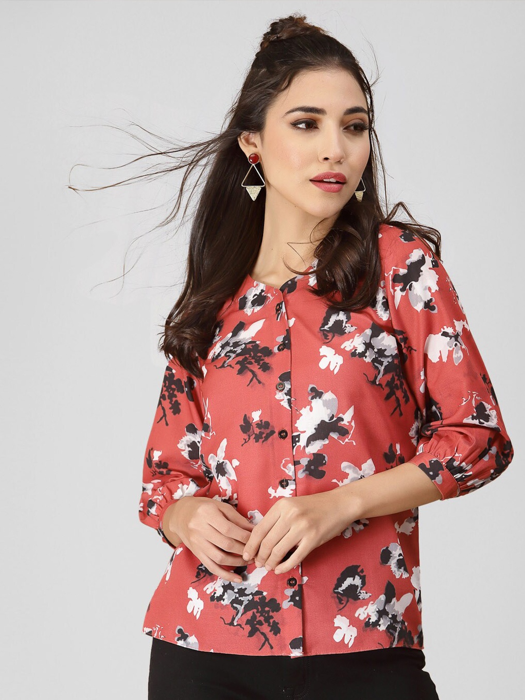 

Selvia Floral Printed Cotton Casual Shirt, Red
