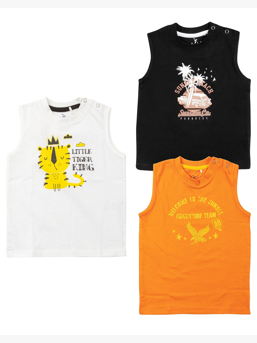 

JusCubs Boys Pack of 3 Graphic Printed Sleeveless Cotton T-shirt, Black