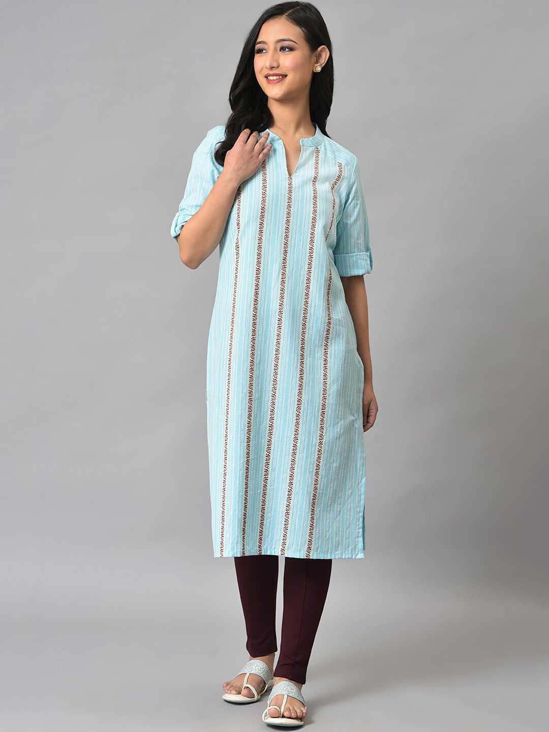 

AURELIA Mandarin Collar Striped Pure Cotton Kurta, Blue