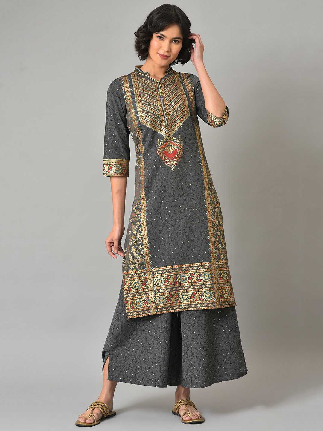

AURELIA Ethnic Motifs Printed Kurta with Palazzos, Grey