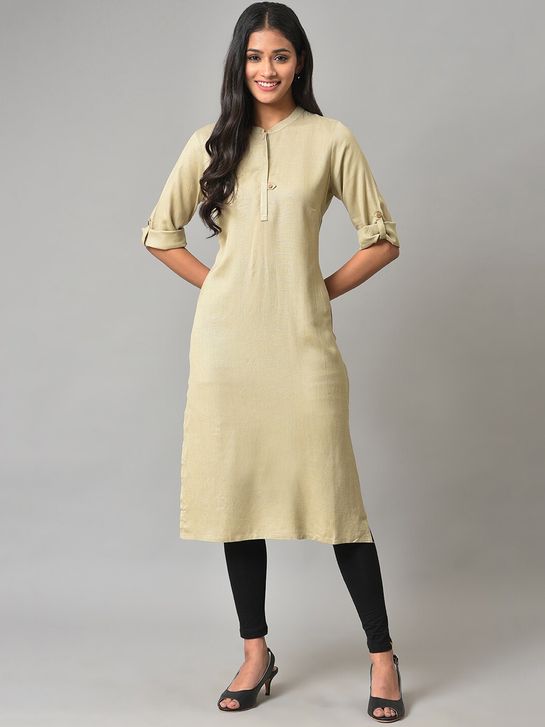 

AURELIA Mandarin Collar Straight Kurta, Beige
