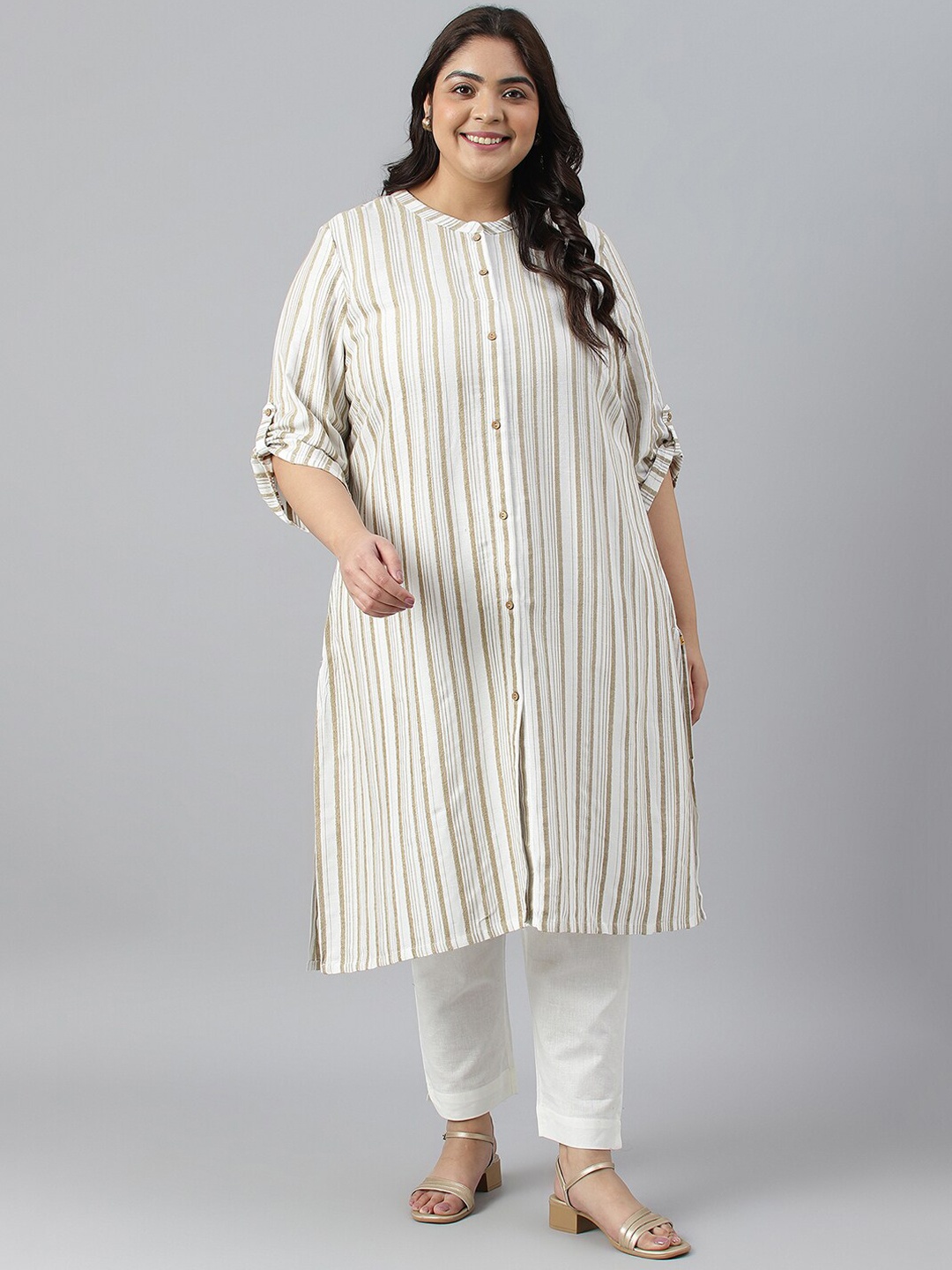 

AURELIA Plus Size Striped Kurta, Beige