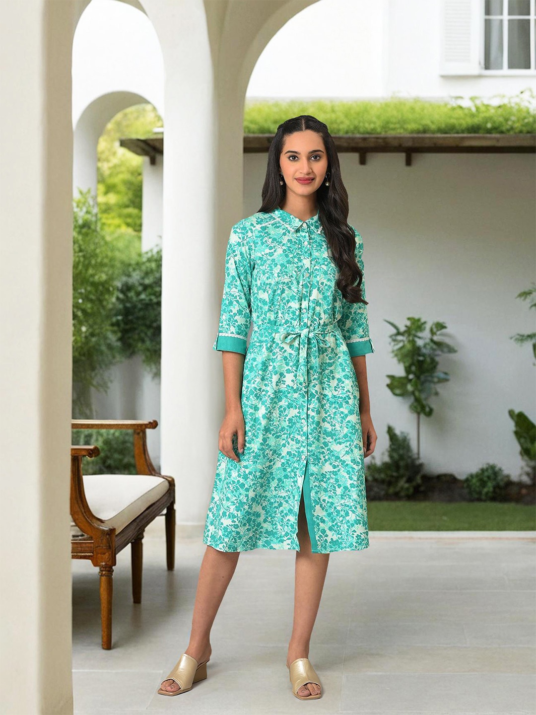 

AURELIA Floral Printed Roll Up Sleeves Shirt Style Dress, Sea green