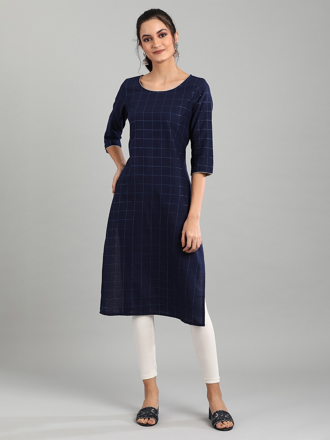 

AURELIA Checked Zari Work Straight Kurta, Navy blue