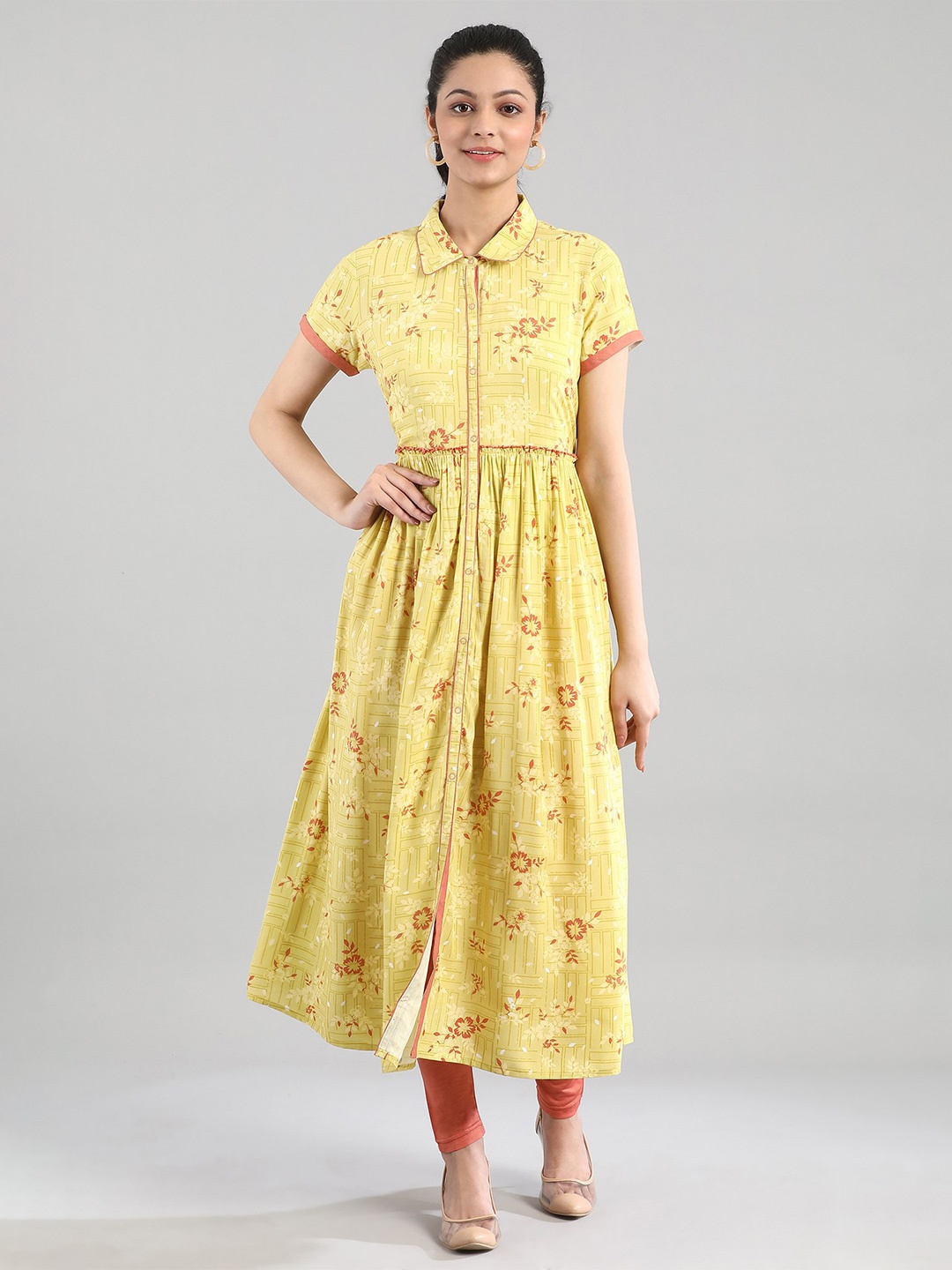 

AURELIA Floral Printed Shirt Collar Anarkali Kurta, Yellow