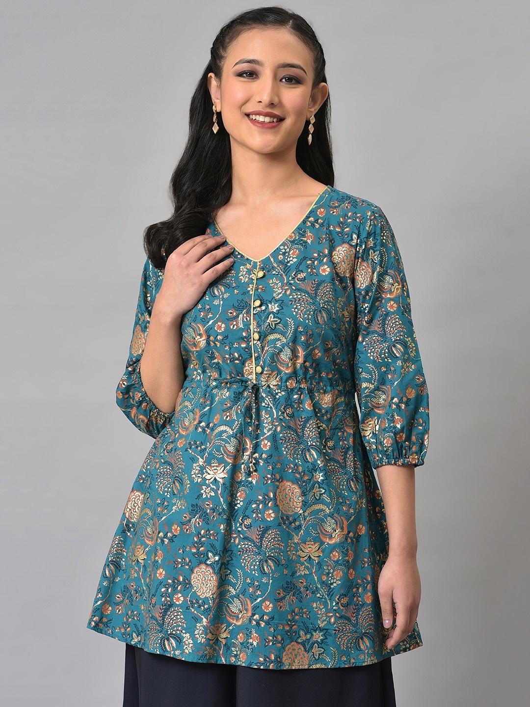 

AURELIA Floral Printed Foil Print V-Neck Pure Cotton A-Line Kurti, Blue