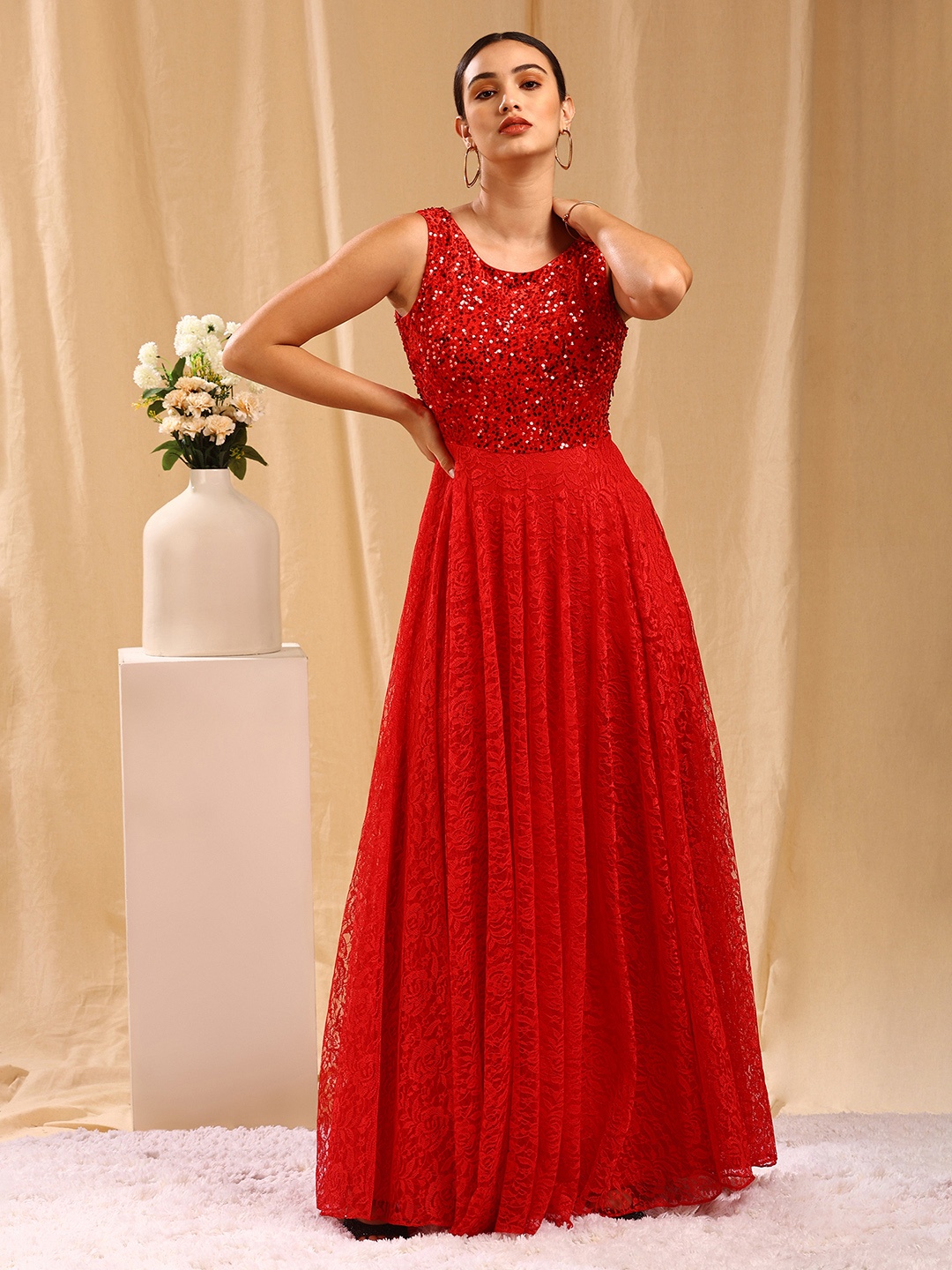 

TRENDY DIVVA Sequined Sleeveless Embellished Lace Maxi Gown Dress, Red