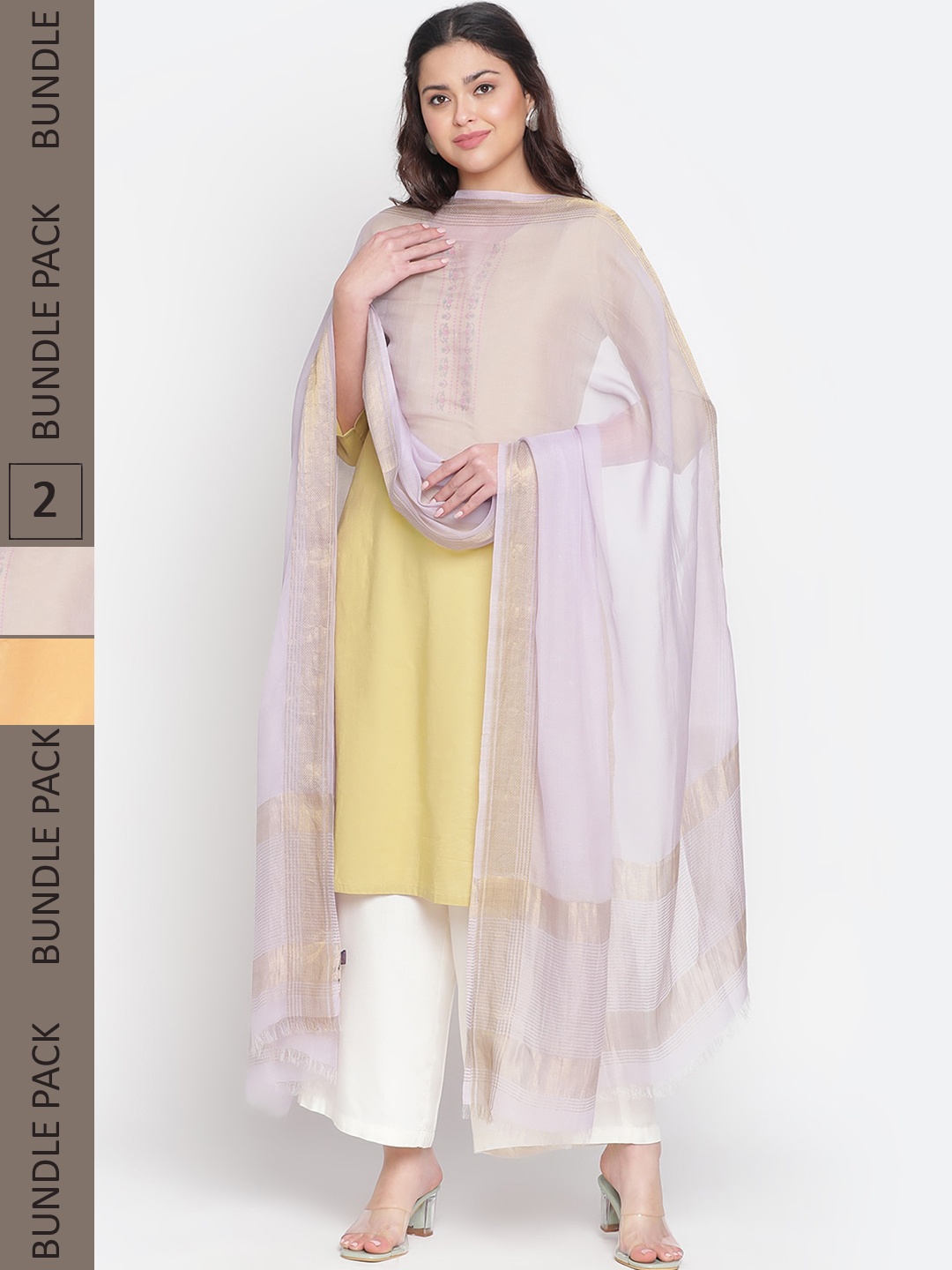 

SHINGORA Pack Of 2 Zari Fringed Border Silk Blend Dupatta, Lavender