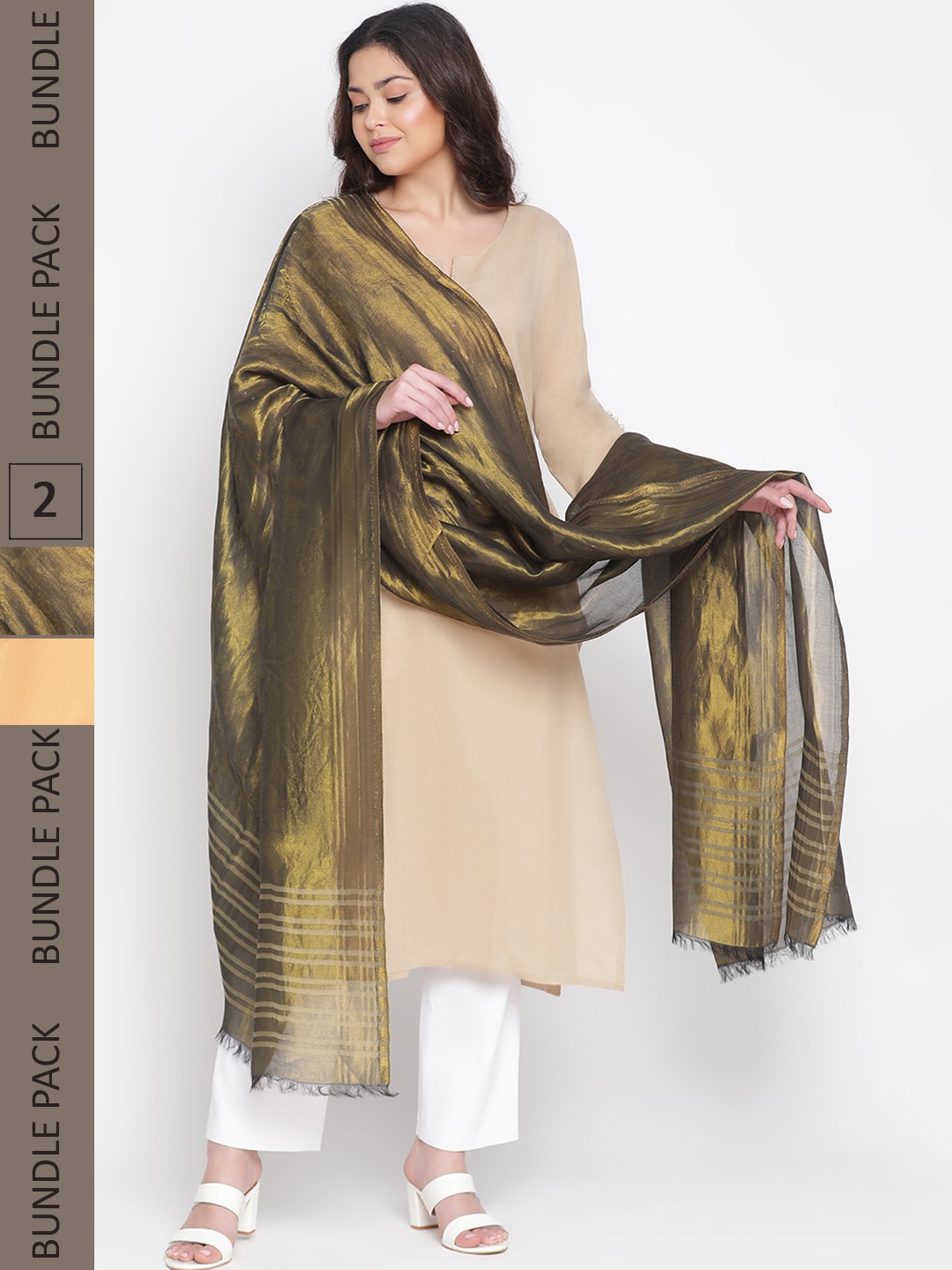 

SHINGORA Pack Of 2 Fringed Border Silk Blend Dupatta, Olive