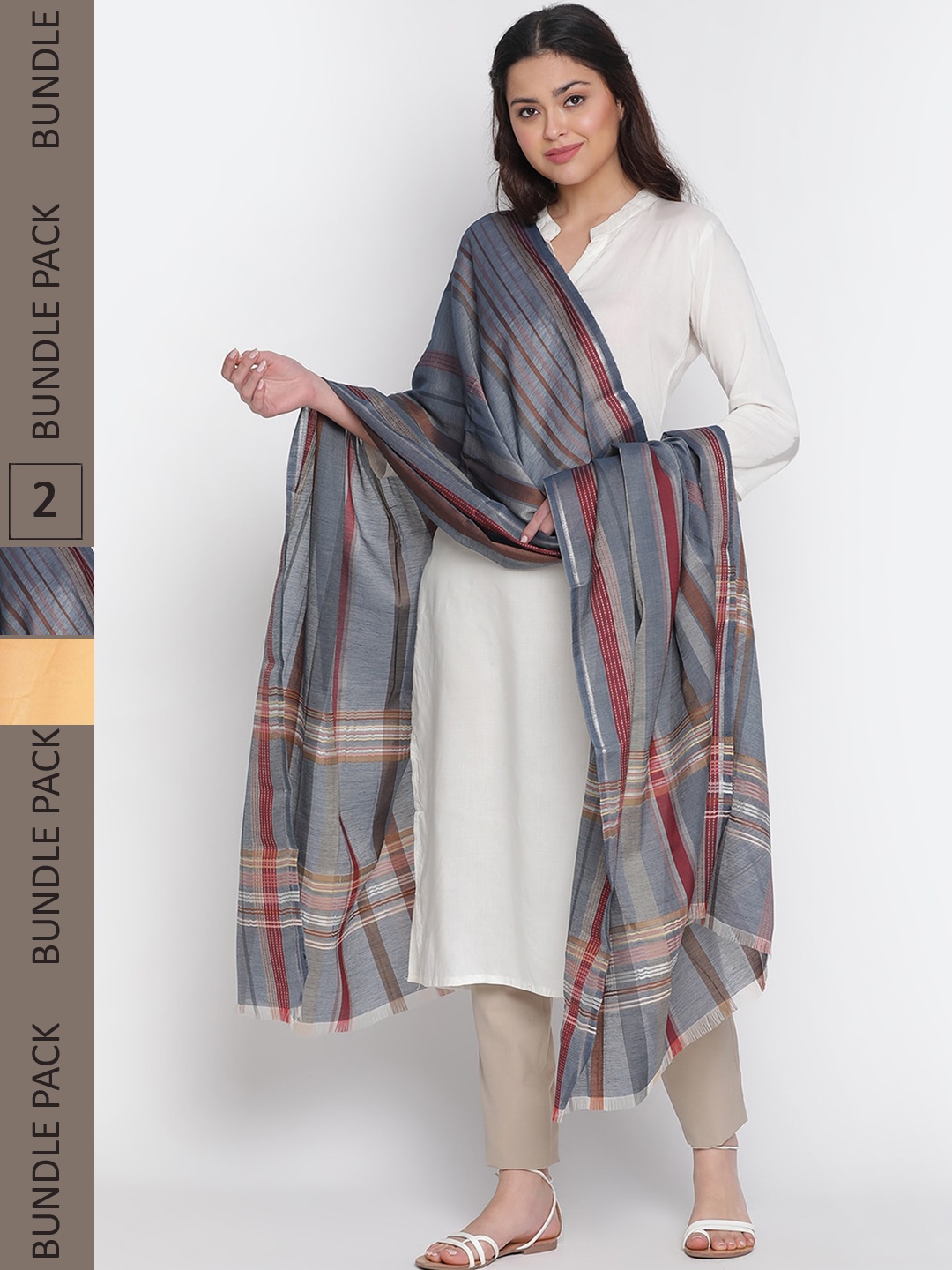

SHINGORA Pack Of 2 Fringed Border Zari Silk Blend Dupatta, Blue