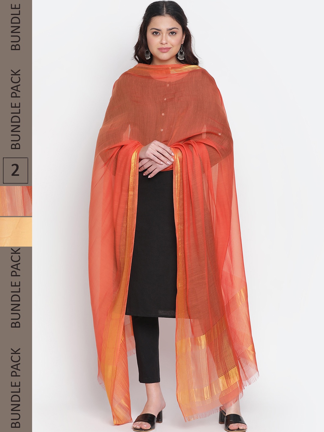 

SHINGORA Selection Of 2 Zari Silk Blend Dupatta, Rust