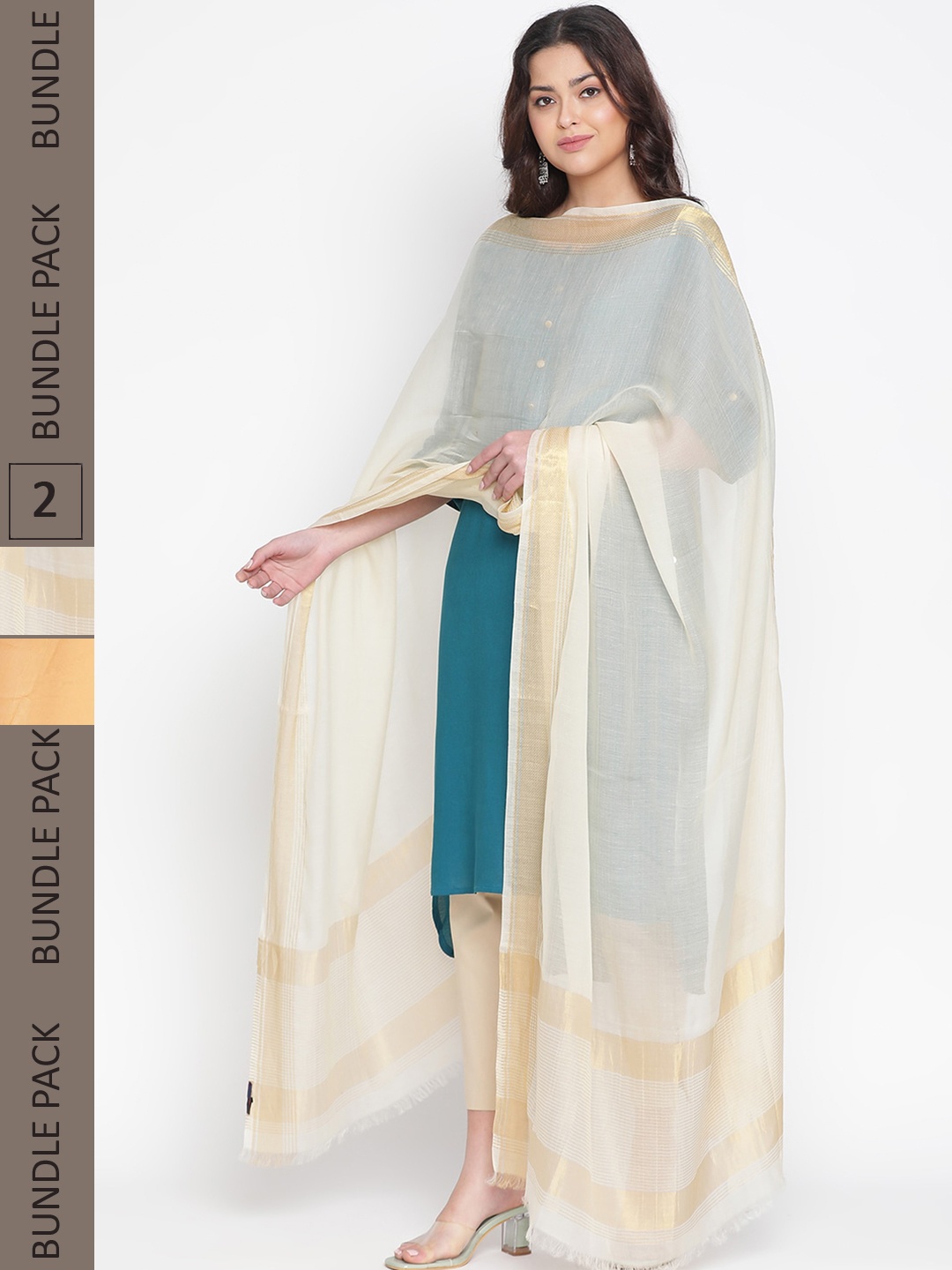 

SHINGORA Selection Of 2 Zari Silk Blend Dupatta, Beige