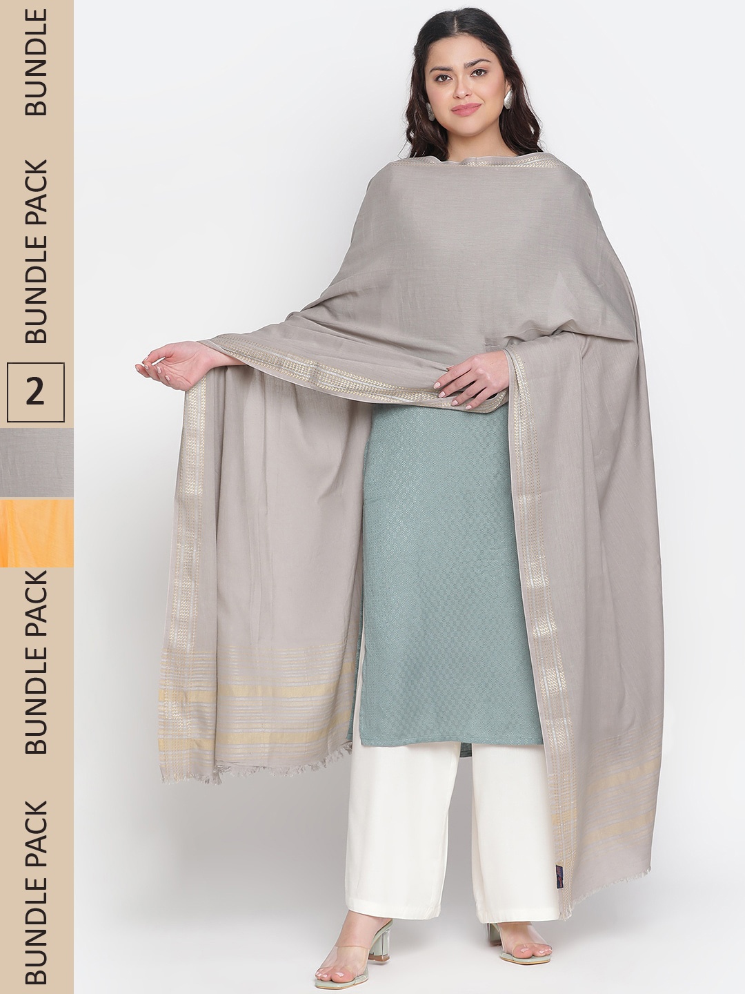 

SHINGORA Selection Of 2 Fringed Border Dupatta, Grey