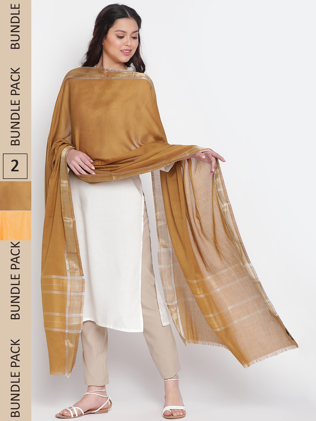 

SHINGORA Pack Of 2 Woven Dupatta With Fringed Border, Gold