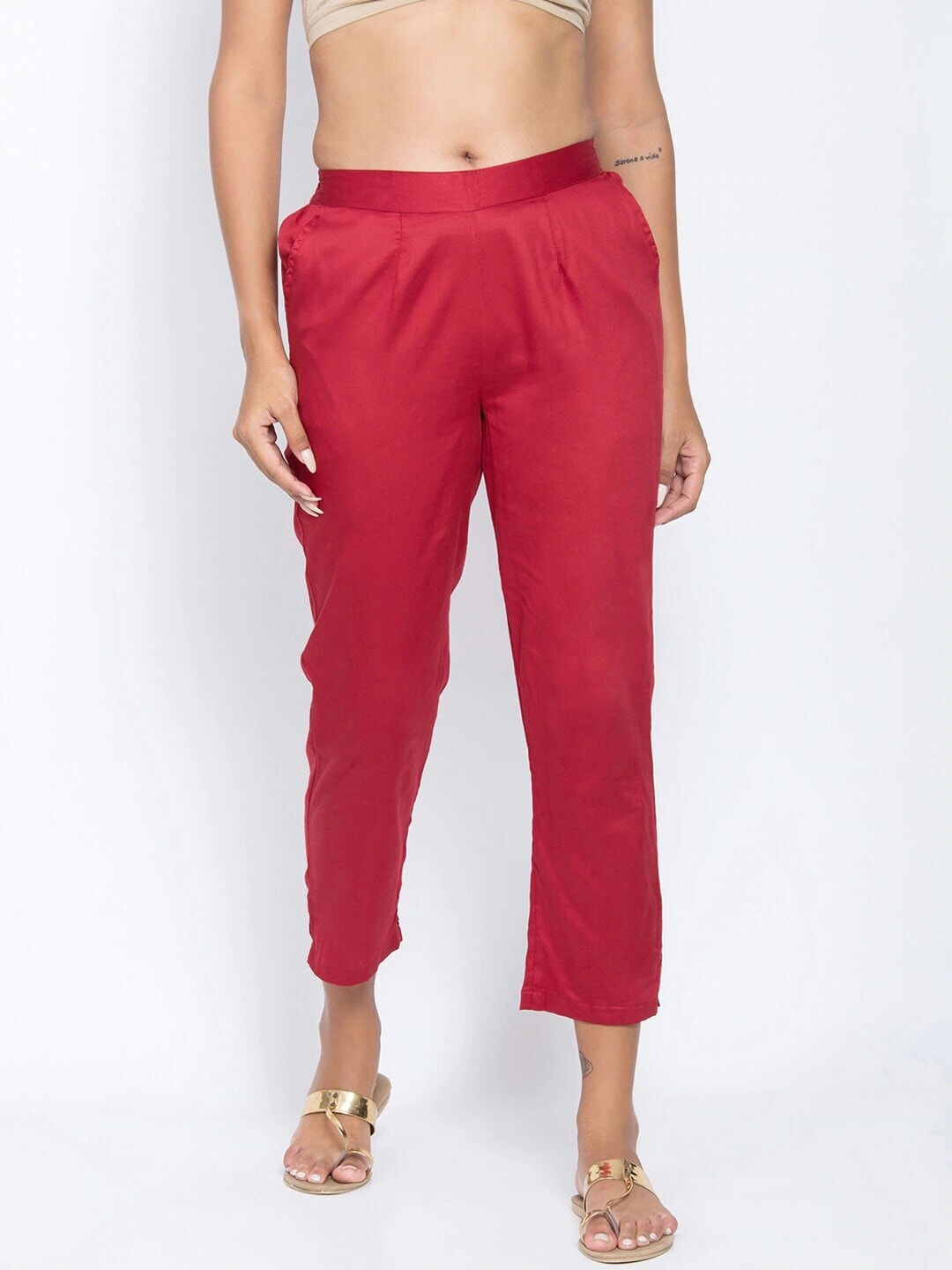 

Be Indi Women Mid-Rise Straight Fit Cotton Cigarette Trousers, Maroon